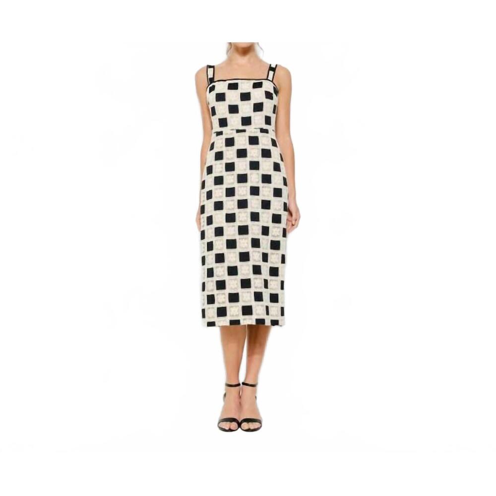 NEW INA FASHION sleeveless square lace panel midi dress in black cream